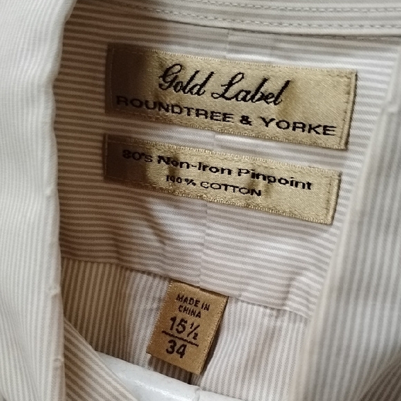 Roundtree & Yorke Tan Casual Button Down Shirt Men's 100 Cotton Striped Button D - Picture 2 of 10